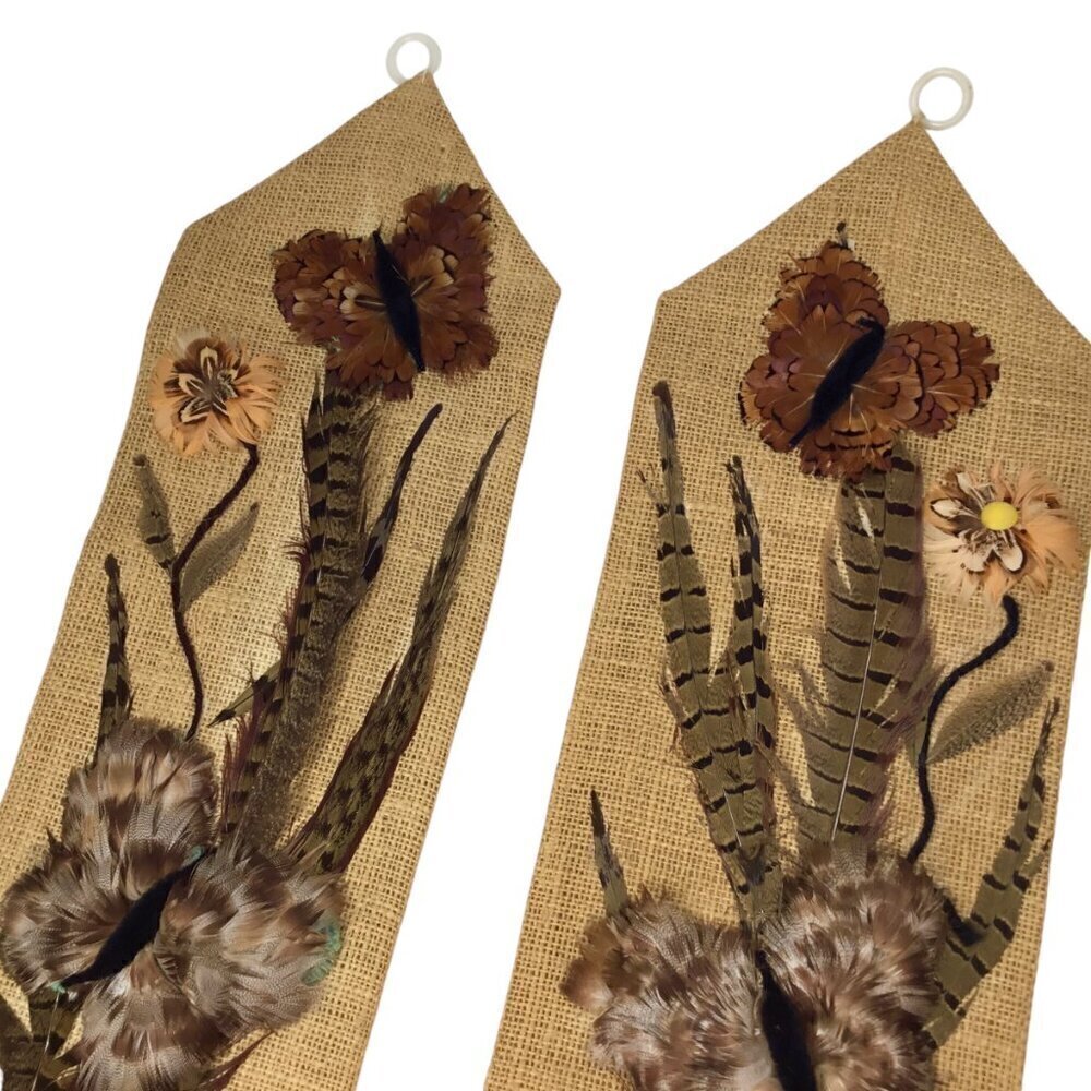 Vtg 3D Folk Art Feather Craft Art Burlap Wall Hanging Bell Pull Butterfly OOAK - Picture 4 of 12